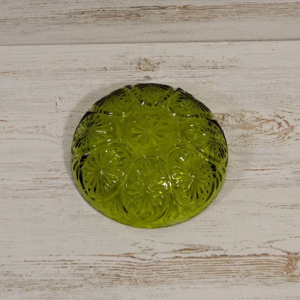 Green Pressed Glass Decorative Scalloped Bowl